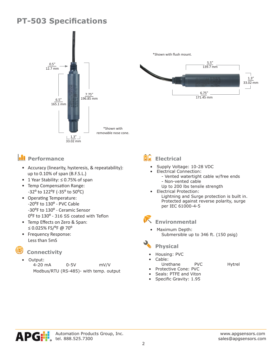 Pt-503 specifications | APG PT-503 Slave Submersible datasheet User Manual | Page 2 / 3