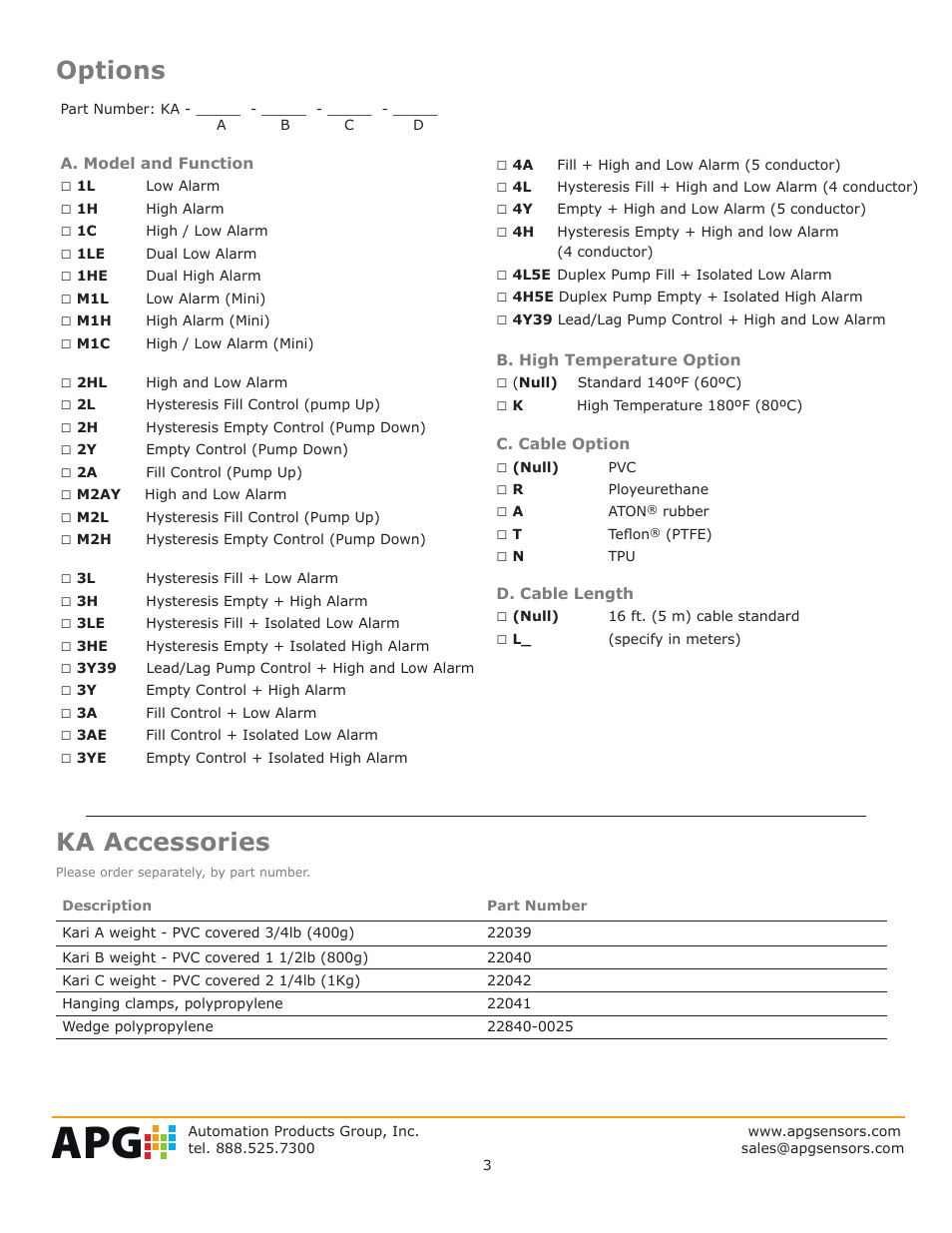 Options, Ka accessories | APG KA Cable Suspended datasheet User Manual | Page 3 / 6