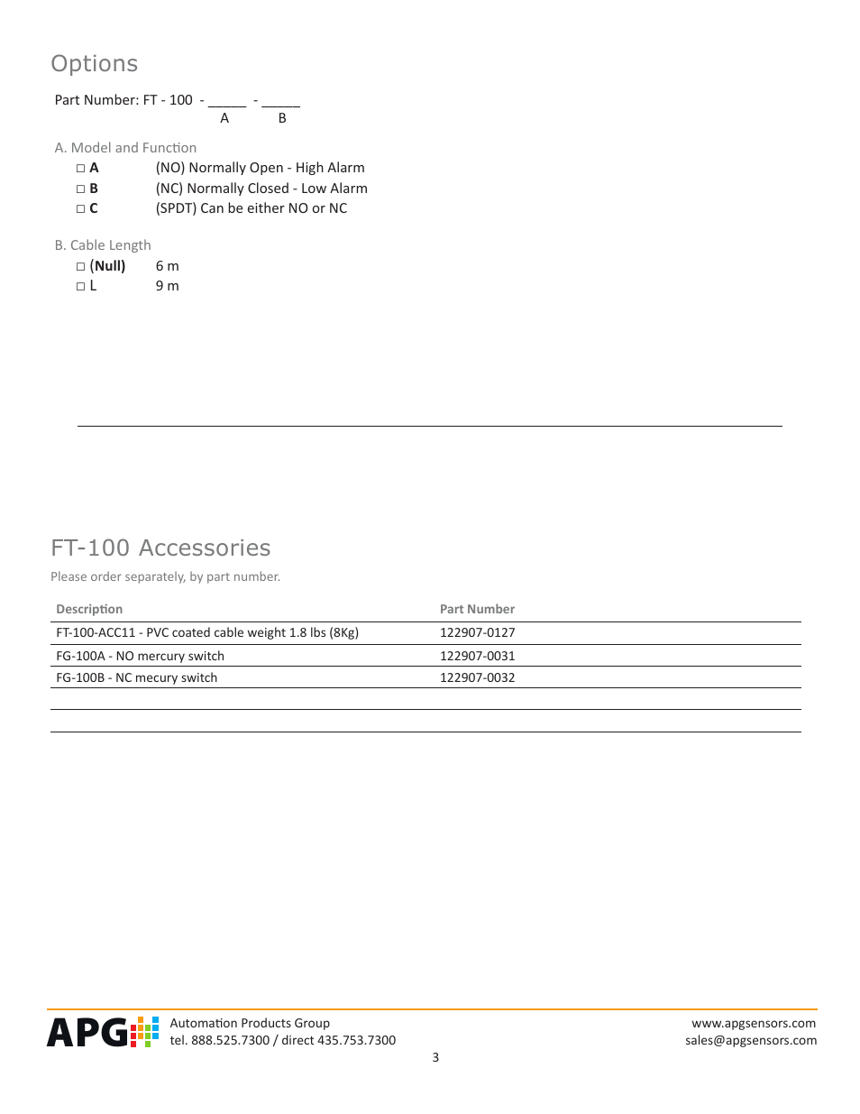 Options, Ft-100 accessories | APG FT-100 Cable Suspended datasheet User Manual | Page 3 / 4