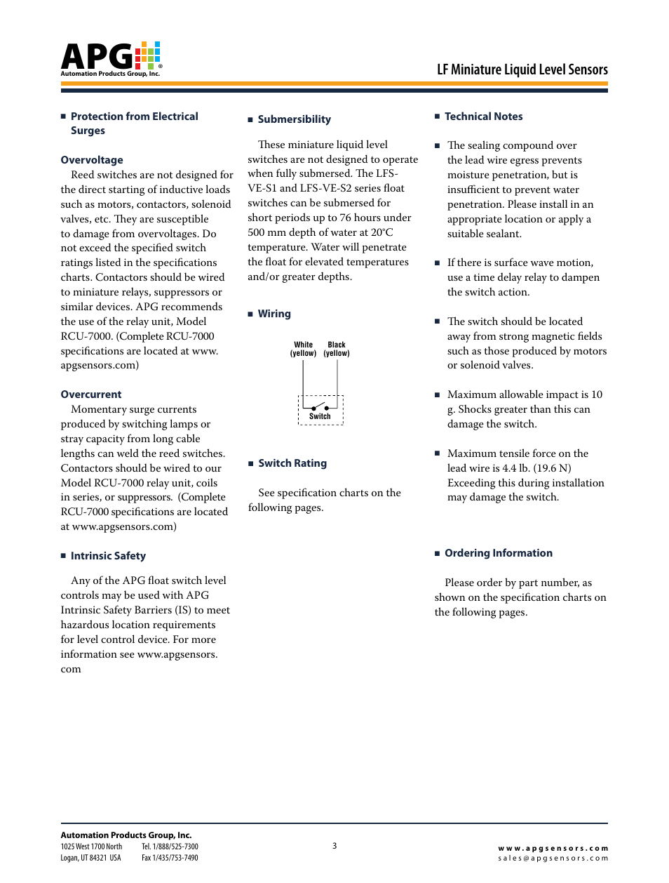 Lf miniature liquid level sensors | APG LF Series datasheet User Manual | Page 2 / 10
