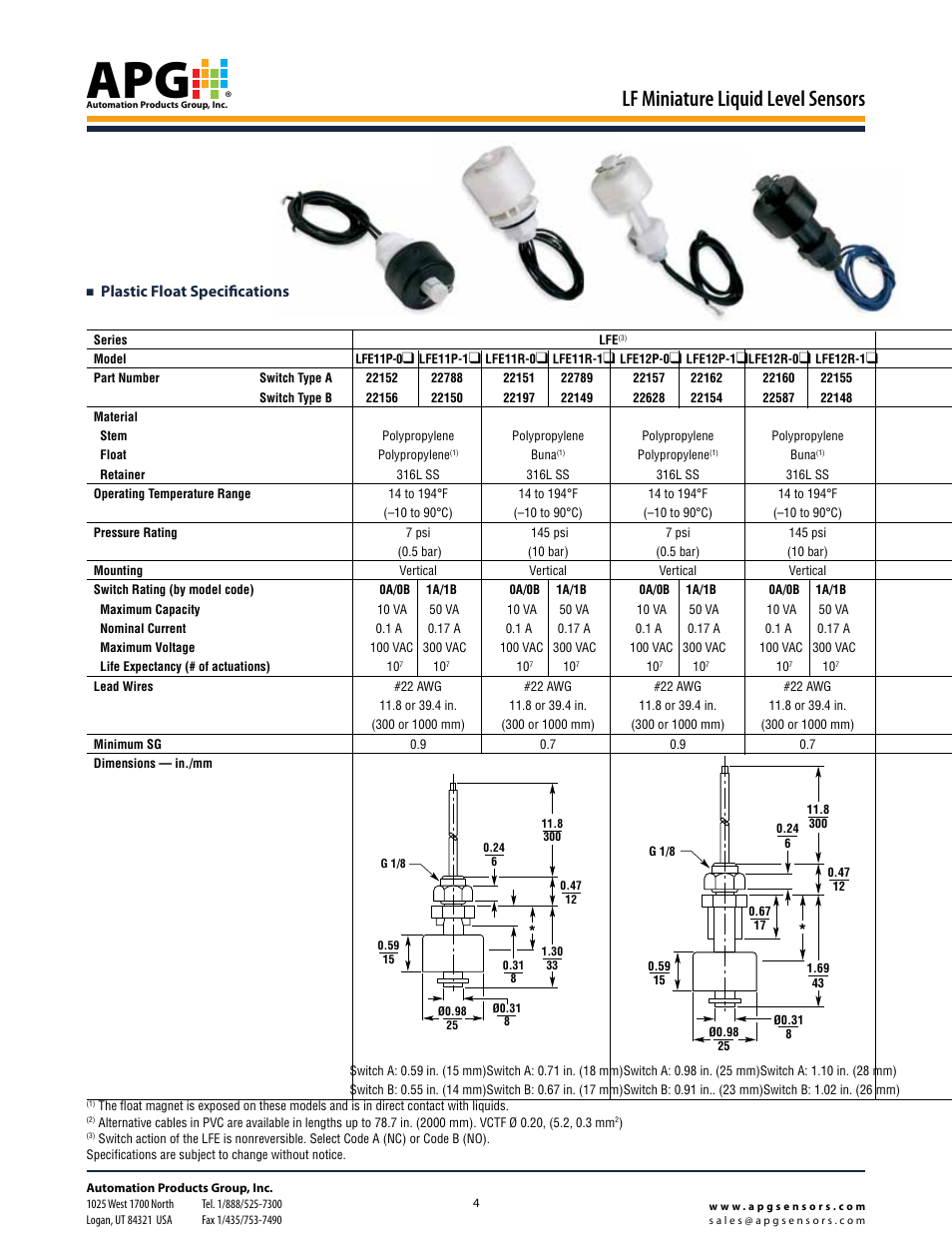 Lf miniature liquid level sensors, Plastic float specifications | APG LF Series datasheet User Manual | Page 3 / 10