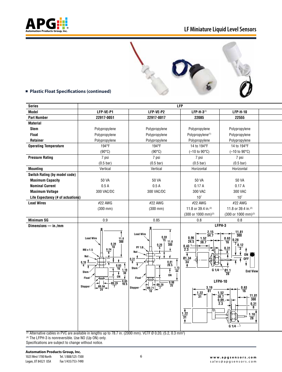Lf miniature liquid level sensors, Plastic float specifications (continued) | APG LF Series datasheet User Manual | Page 5 / 10