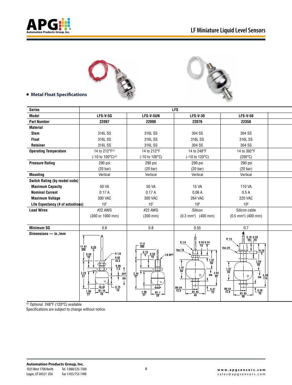 Lf miniature liquid level sensors, Metal float specifications | APG LF Series datasheet User Manual | Page 7 / 10