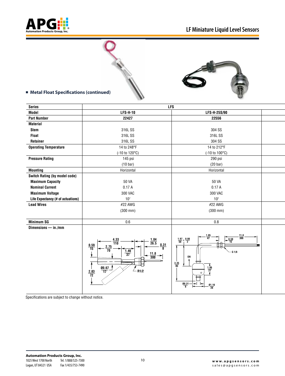 Lf miniature liquid level sensors, Metal float specifications (continued) | APG LF Series datasheet User Manual | Page 9 / 10