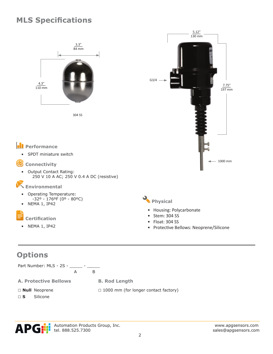Mls specifications, Options | APG MLS Movable Float datasheet User Manual | Page 2 / 2