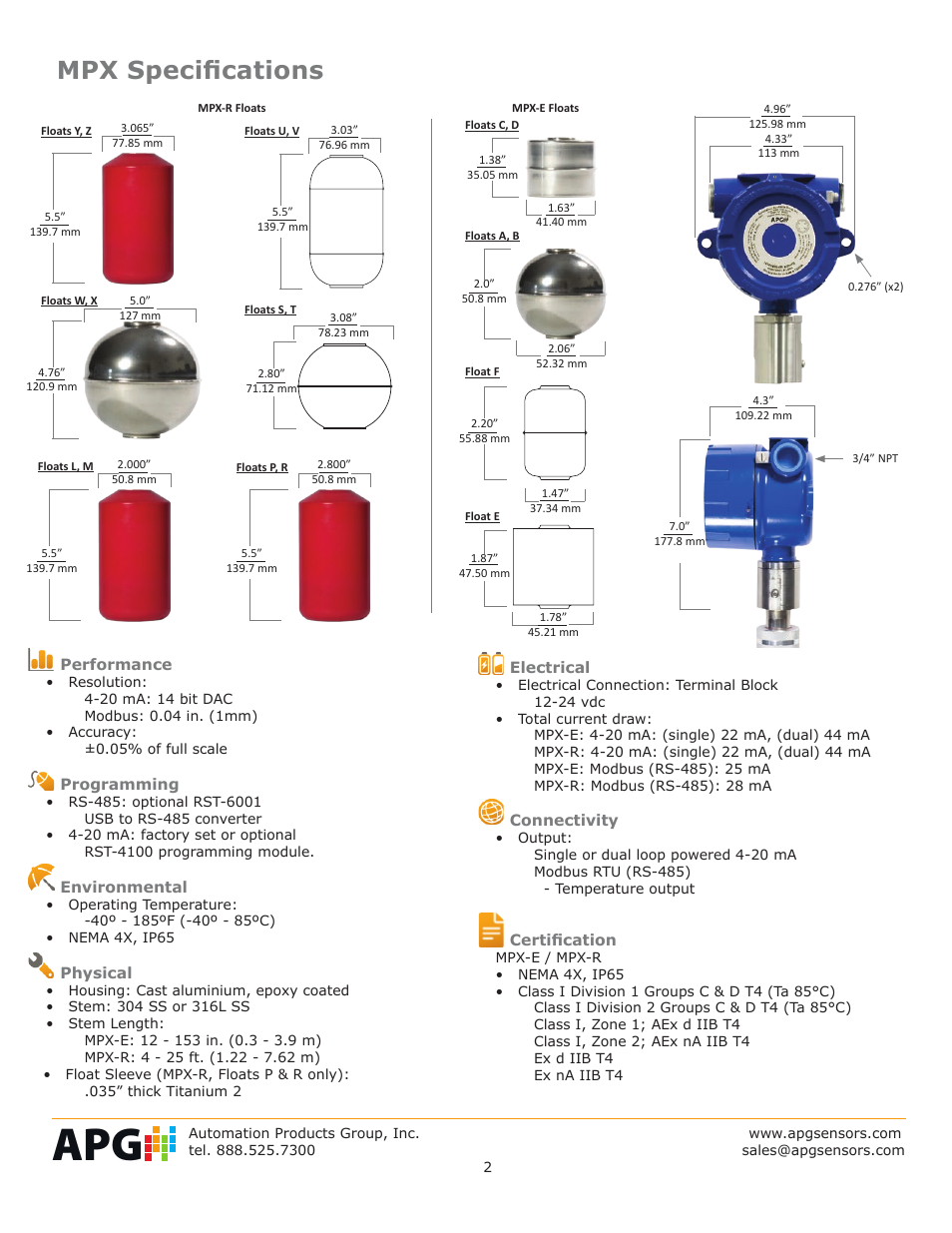 Mpx specifications | APG MPX Slave Sensor datasheet User Manual | Page 2 / 4