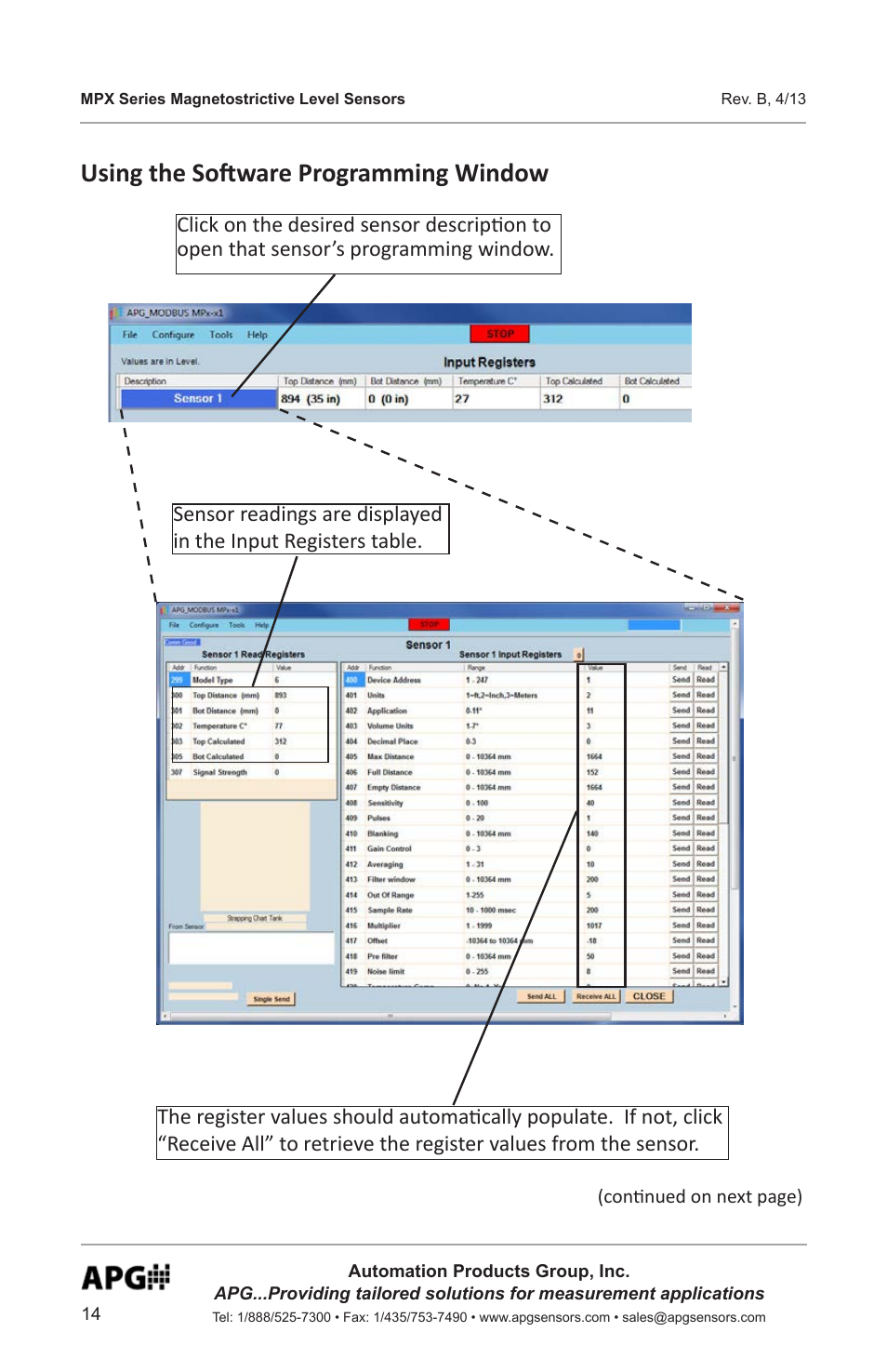 Using the software programming window | APG MPX Slave Sensor user manual User Manual | Page 14 / 48