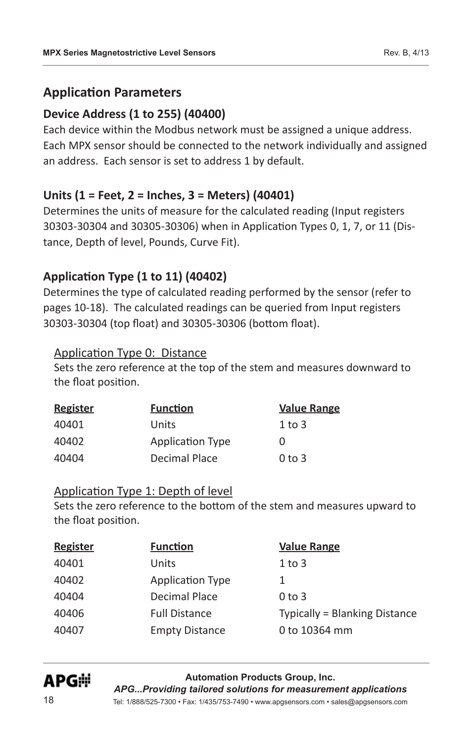 Application parameters | APG MPX Slave Sensor user manual User Manual | Page 18 / 48