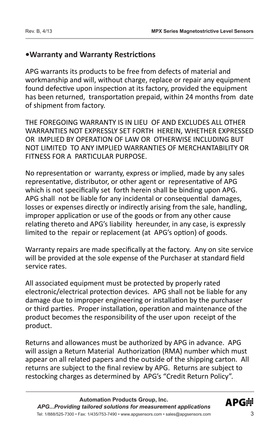 Warranty and warranty restrictions | APG MPX Slave Sensor user manual User Manual | Page 3 / 48