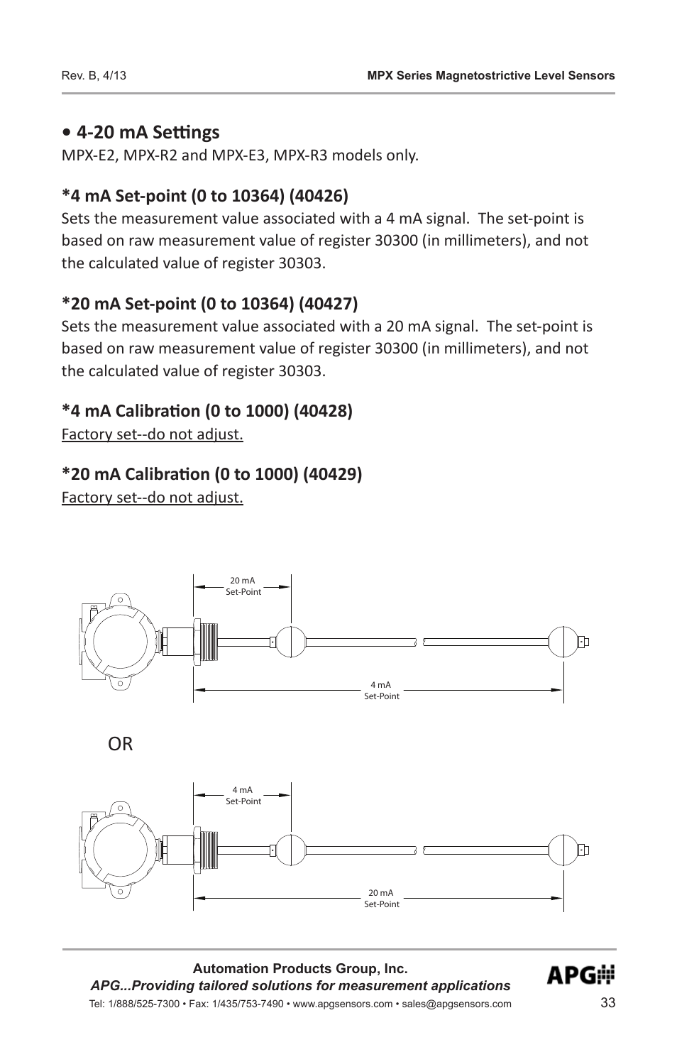20 ma settings, Mpx-e2, mpx-r2 and mpx-e3, mpx-r3 models only, Factory set--do not adjust | APG MPX Slave Sensor user manual User Manual | Page 33 / 48