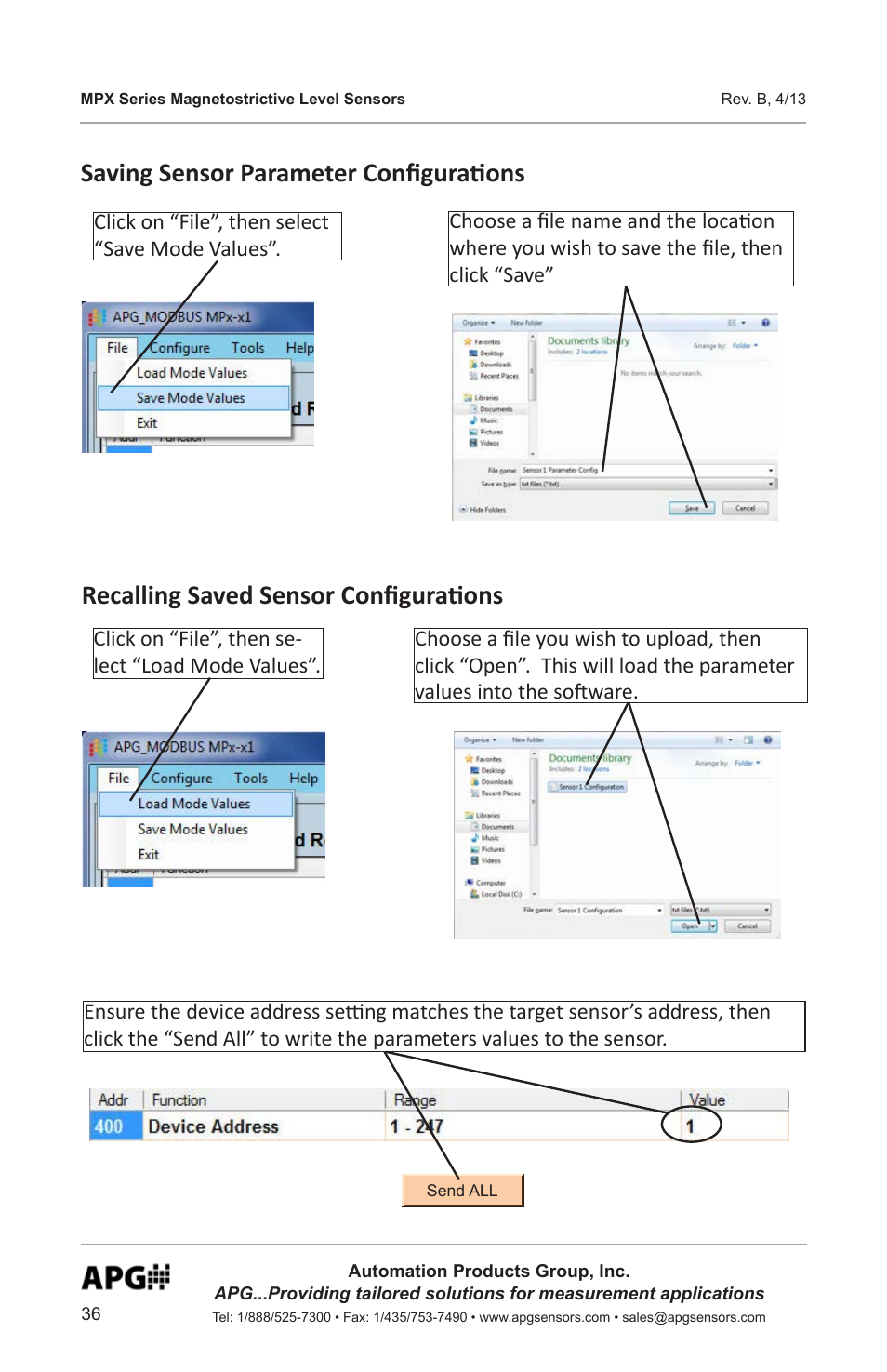 Recalling saved sensor configurations, Saving sensor parameter configurations | APG MPX Slave Sensor user manual User Manual | Page 36 / 48