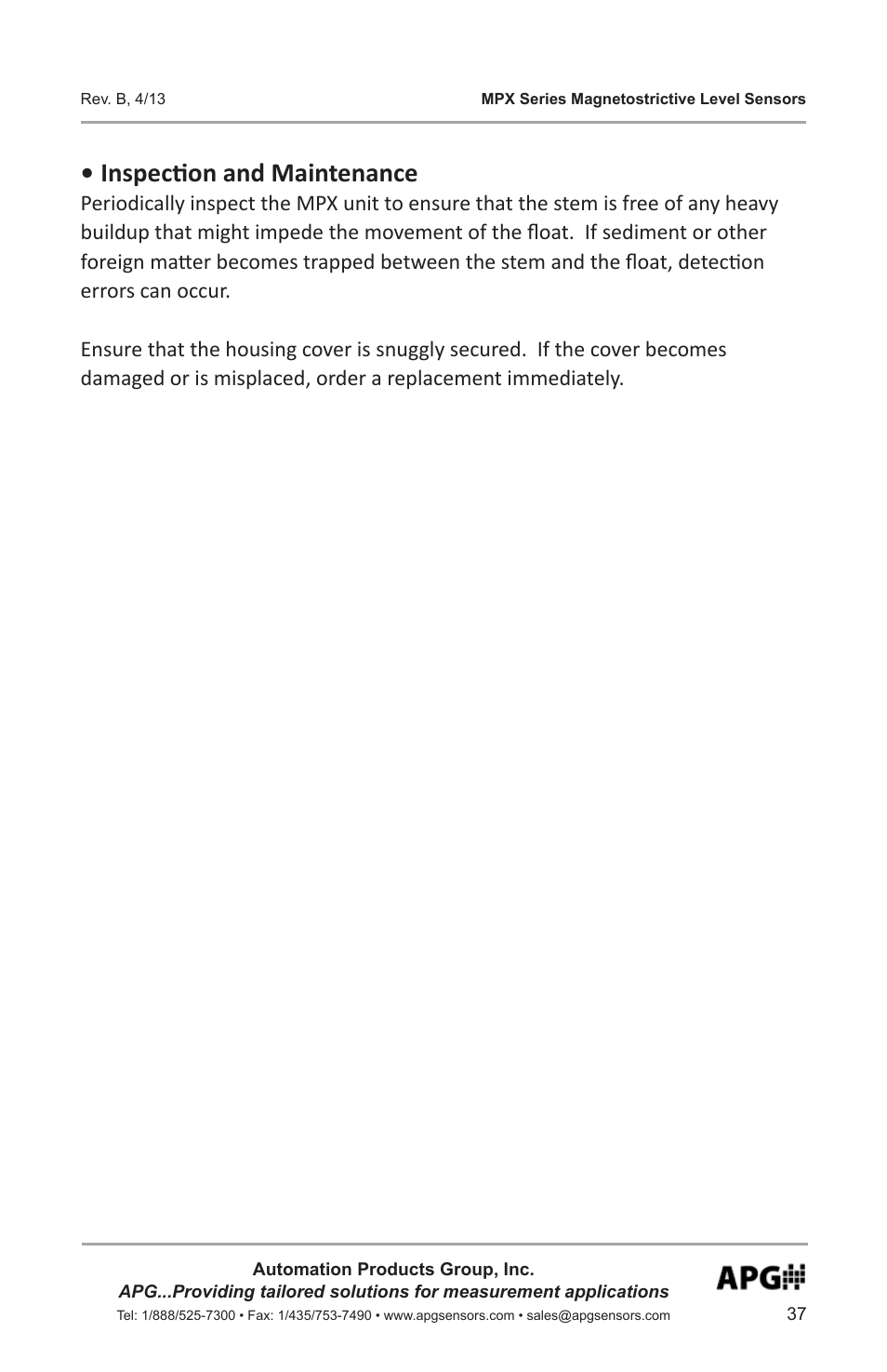 Inspection and maintenance | APG MPX Slave Sensor user manual User Manual | Page 37 / 48