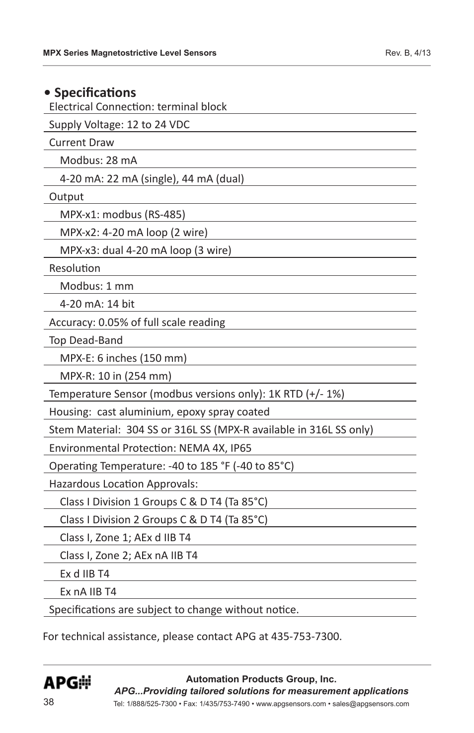 Specifications | APG MPX Slave Sensor user manual User Manual | Page 38 / 48