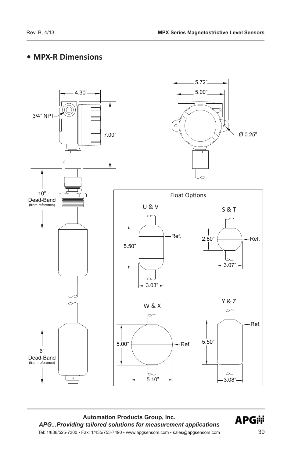 Mpx-r dimensions, Float options y & z w & x s & t u & v | APG MPX Slave Sensor user manual User Manual | Page 39 / 48