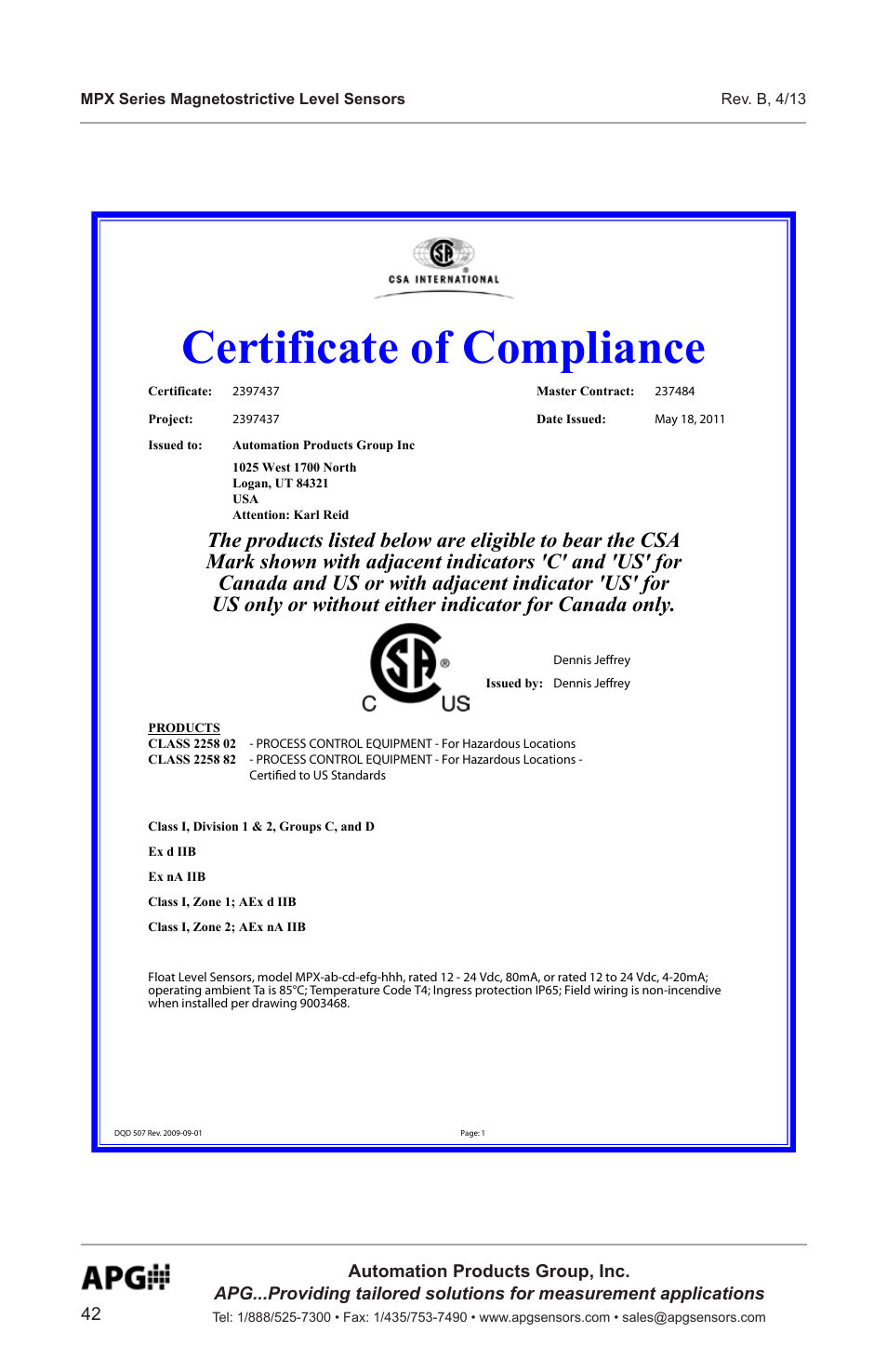 Certificate of compliance | APG MPX Slave Sensor user manual User Manual | Page 42 / 48