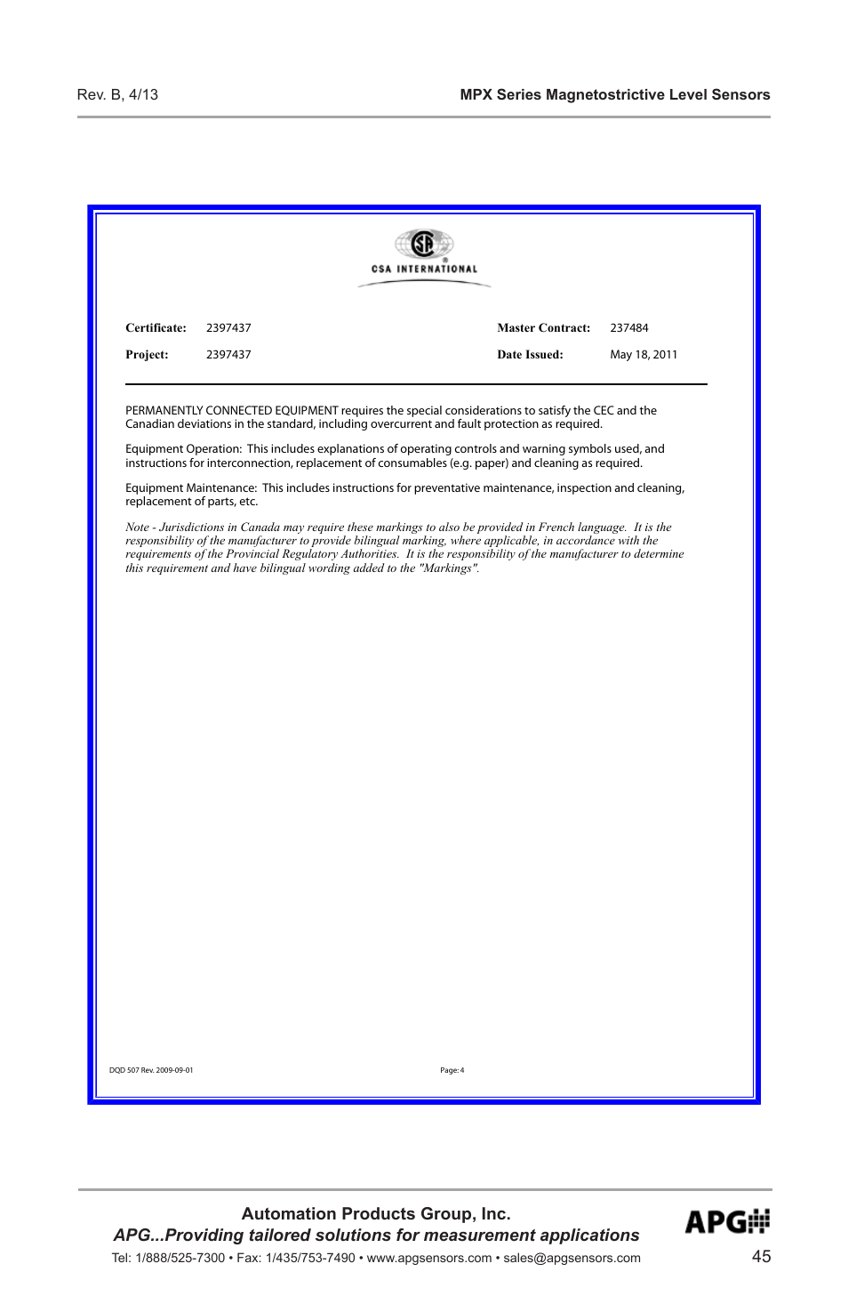 APG MPX Slave Sensor user manual User Manual | Page 45 / 48