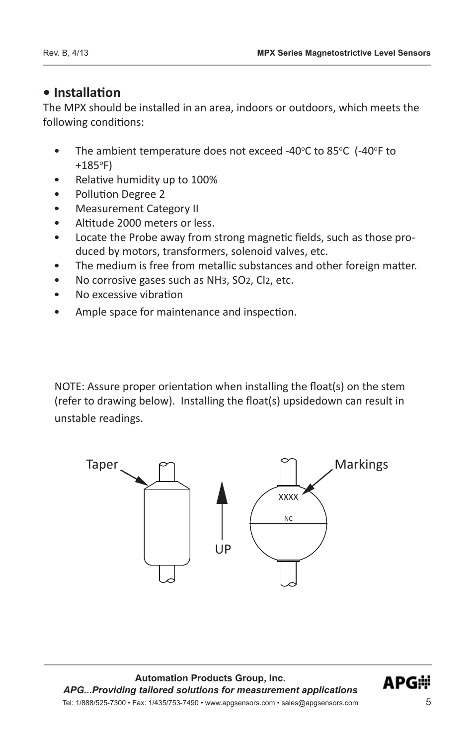 Installation, Up taper markings | APG MPX Slave Sensor user manual User Manual | Page 5 / 48