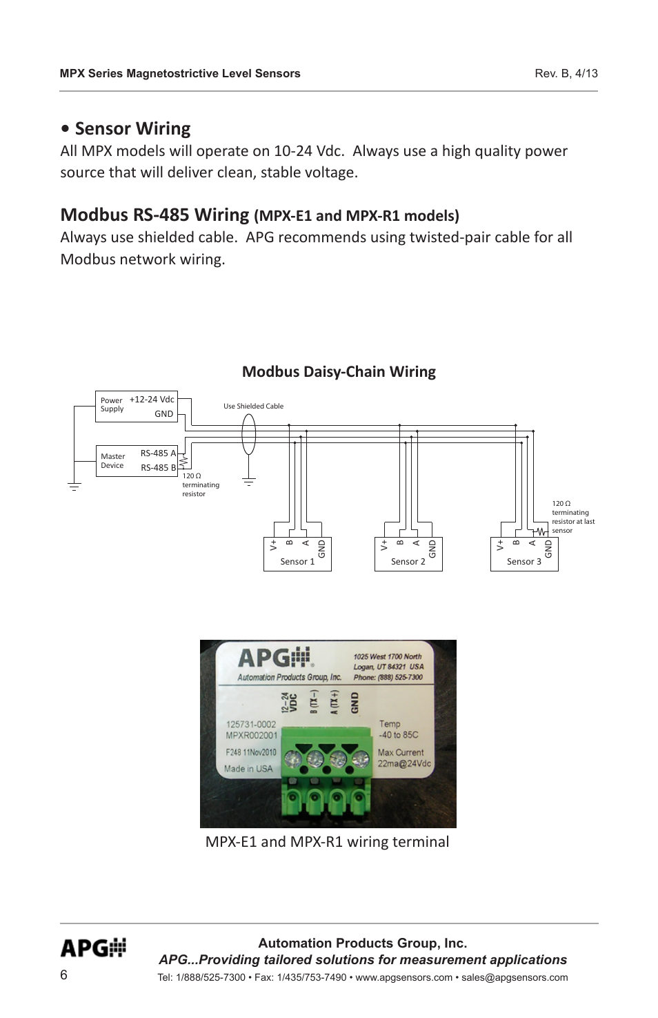 Sensor wiring, Modbus rs-485 wiring, Modbus daisy-chain wiring | Mpx-e1 and mpx-r1 wiring terminal | APG MPX Slave Sensor user manual User Manual | Page 6 / 48