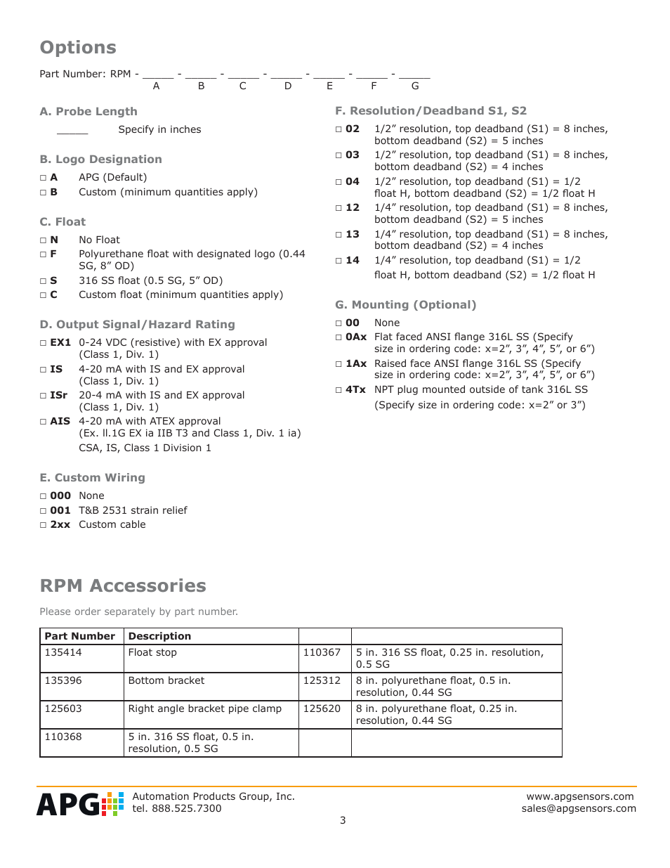 Options, Rpm accessories | APG RPM Explosion Proof Resistive Chain datasheet User Manual | Page 3 / 4