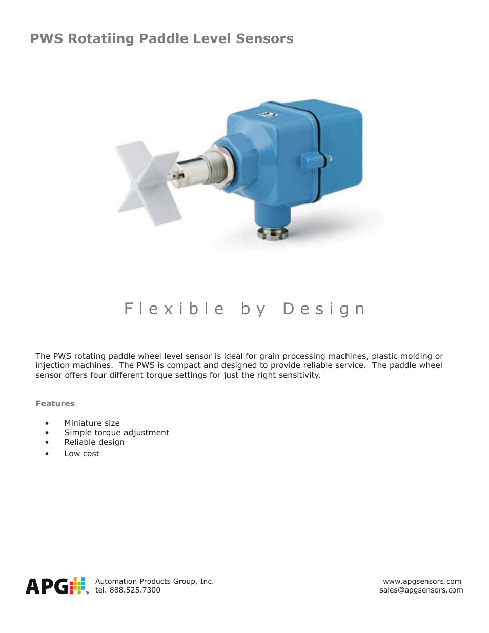 APG PWS Paddle Wheel datasheet User Manual | 4 pages