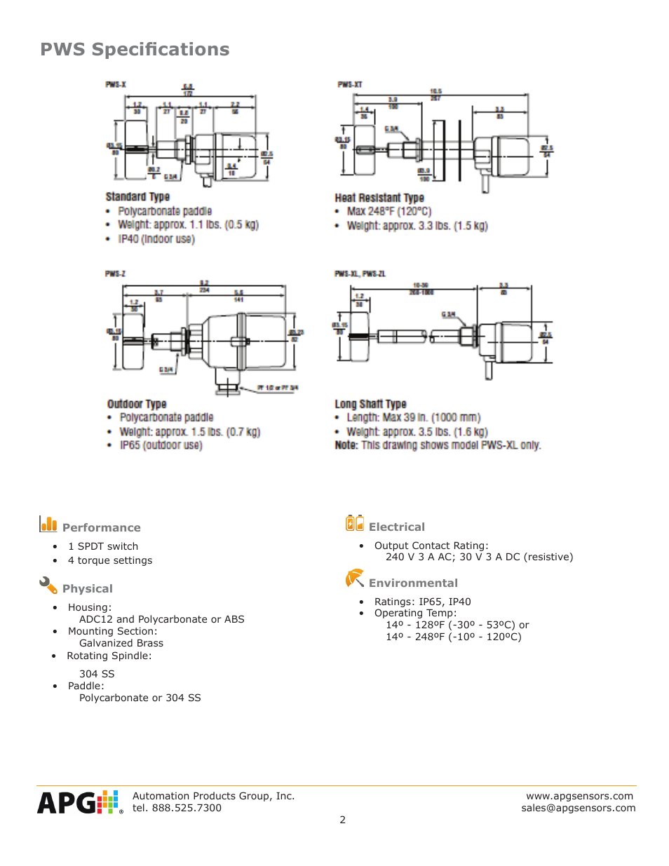 Pws specifications | APG PWS Paddle Wheel datasheet User Manual | Page 2 / 4