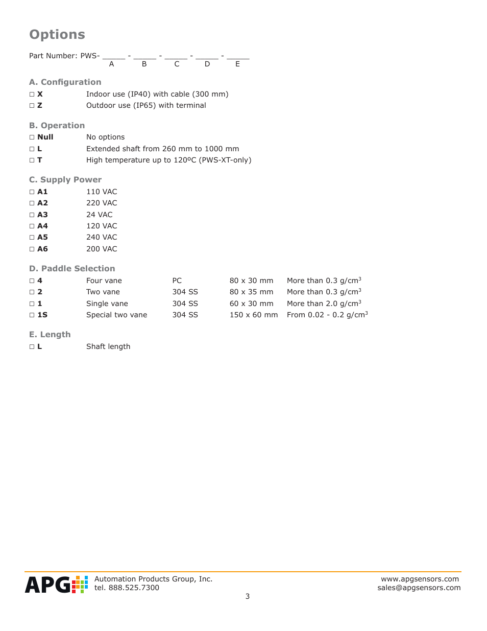 Options | APG PWS Paddle Wheel datasheet User Manual | Page 3 / 4