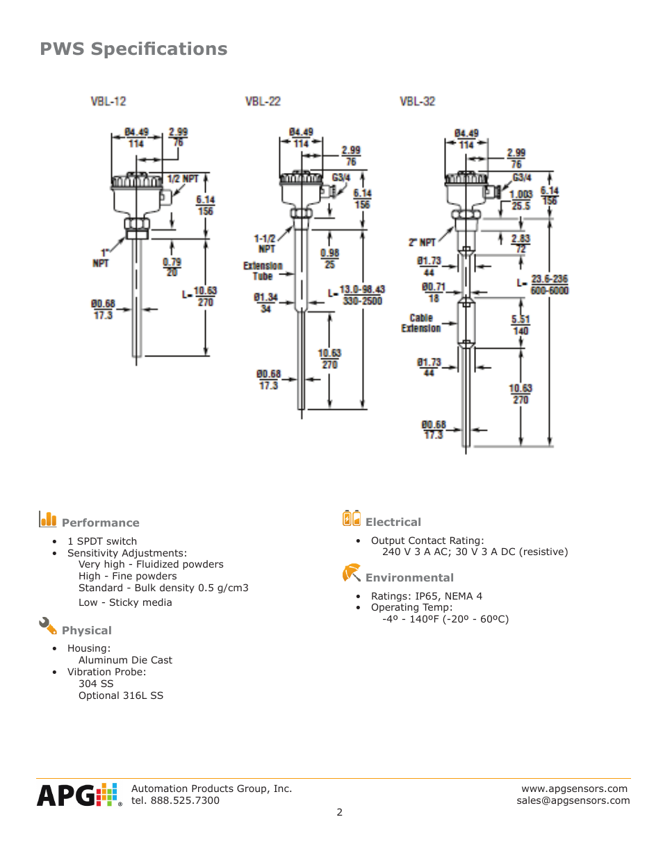 Pws specifications | APG VBL Vibrating Switch datasheet User Manual | Page 2 / 4