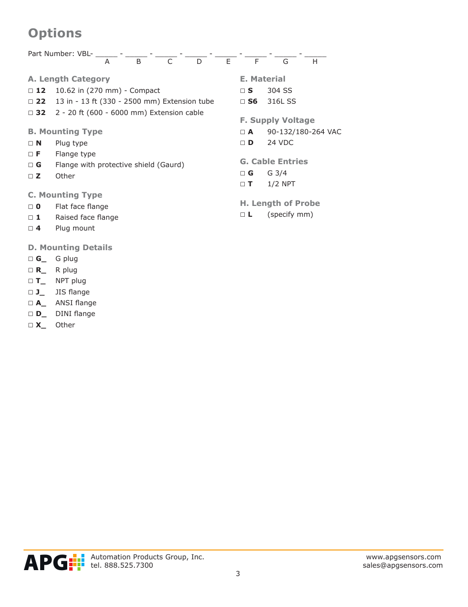 Options | APG VBL Vibrating Switch datasheet User Manual | Page 3 / 4