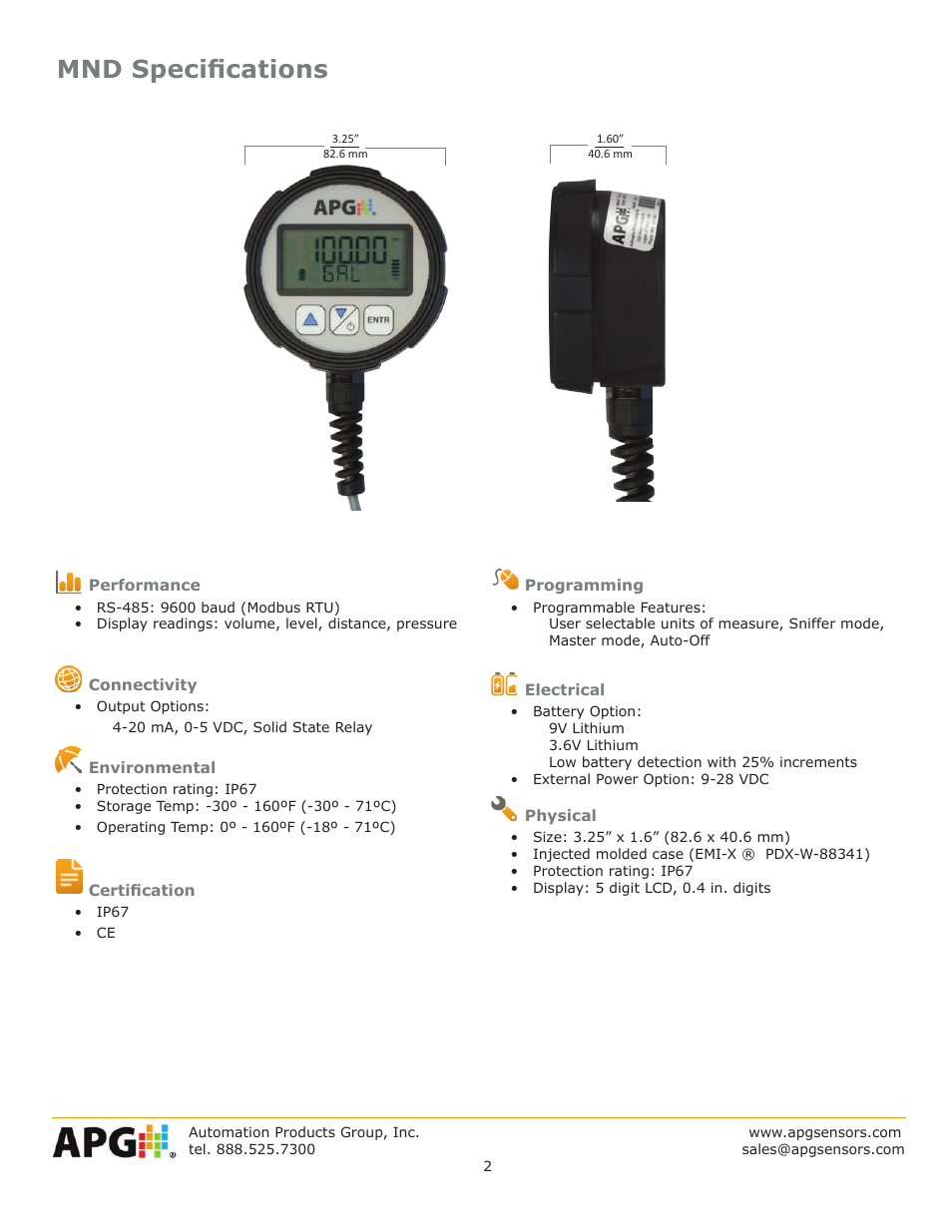 Mnd specifications | APG MND datasheet User Manual | Page 2 / 4