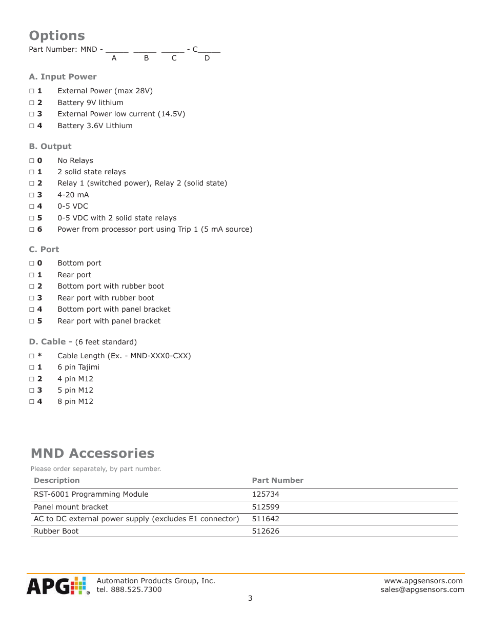 Options, Mnd accessories | APG MND datasheet User Manual | Page 3 / 4