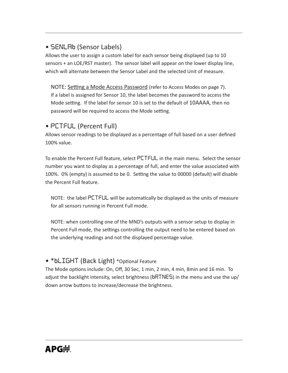 Senlab (sensor labels), Pctful (percent full), Blight (back light) | APG MND user manual User Manual | Page 20 / 32