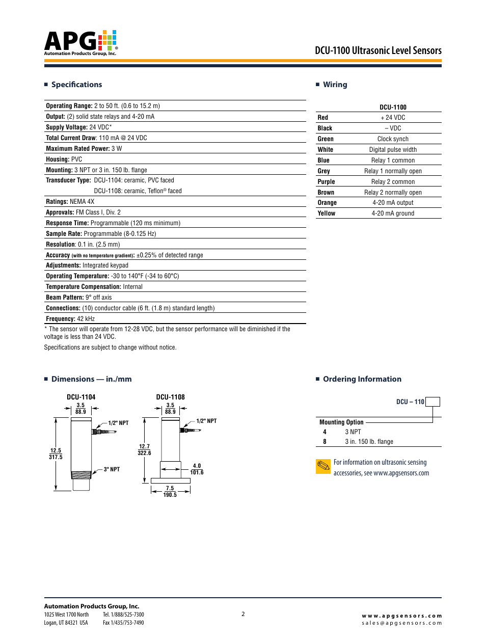 Dcu-1100 ultrasonic level sensors, Dimensions — in./mm, Wiring | Ordering information, Specifications | APG DCU-1100 datasheet User Manual | Page 2 / 2