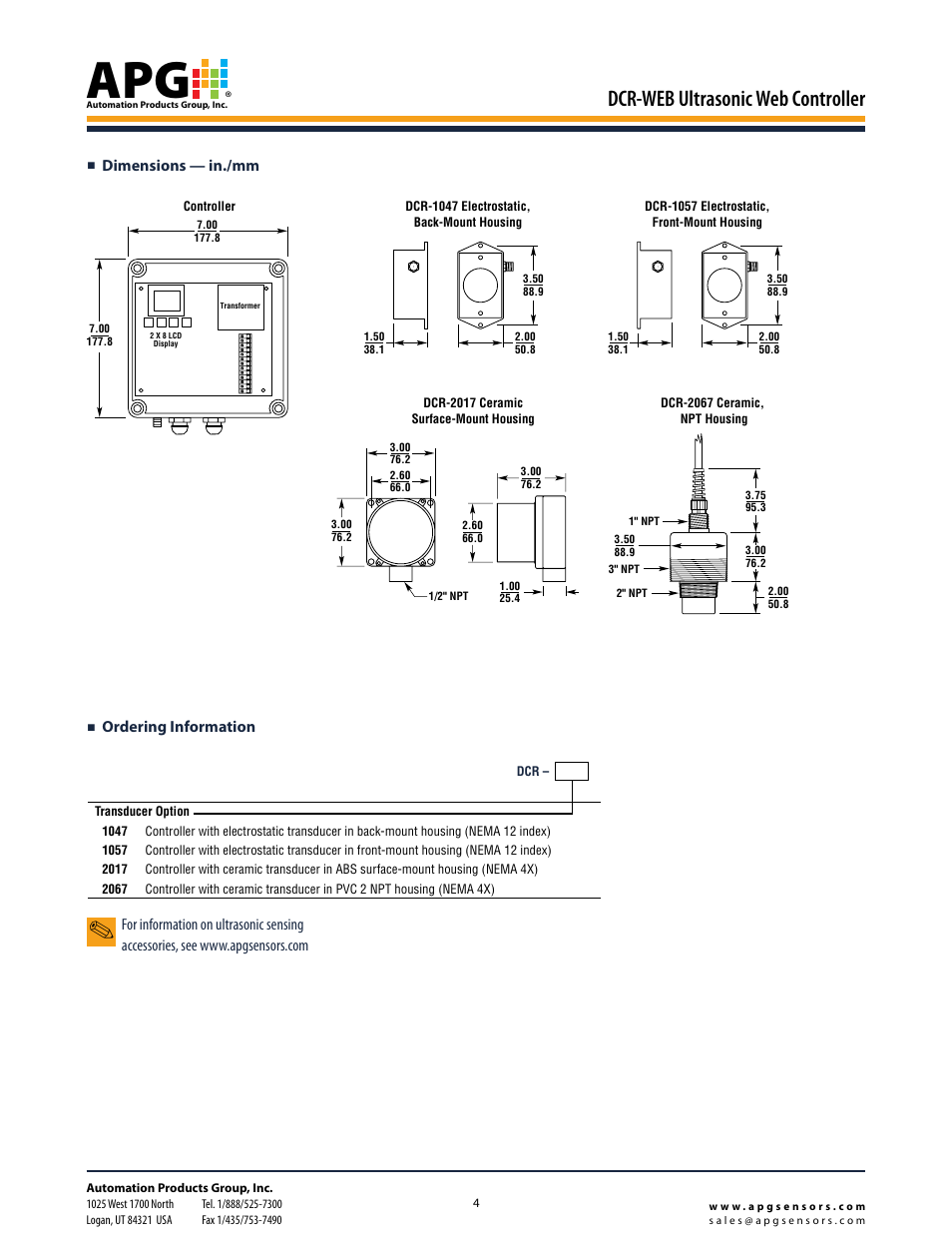 Dcr-web ultrasonic web controller, Ordering information, Dimensions — in./mm | APG DCR-WEB datasheet User Manual | Page 4 / 4