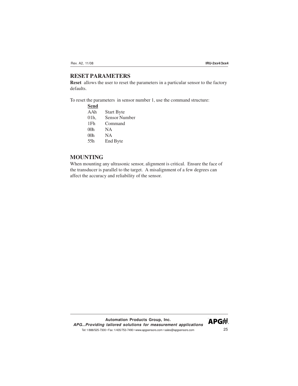 Reset parameters, Mounting | APG IRU-3000 user manual User Manual | Page 25 / 28