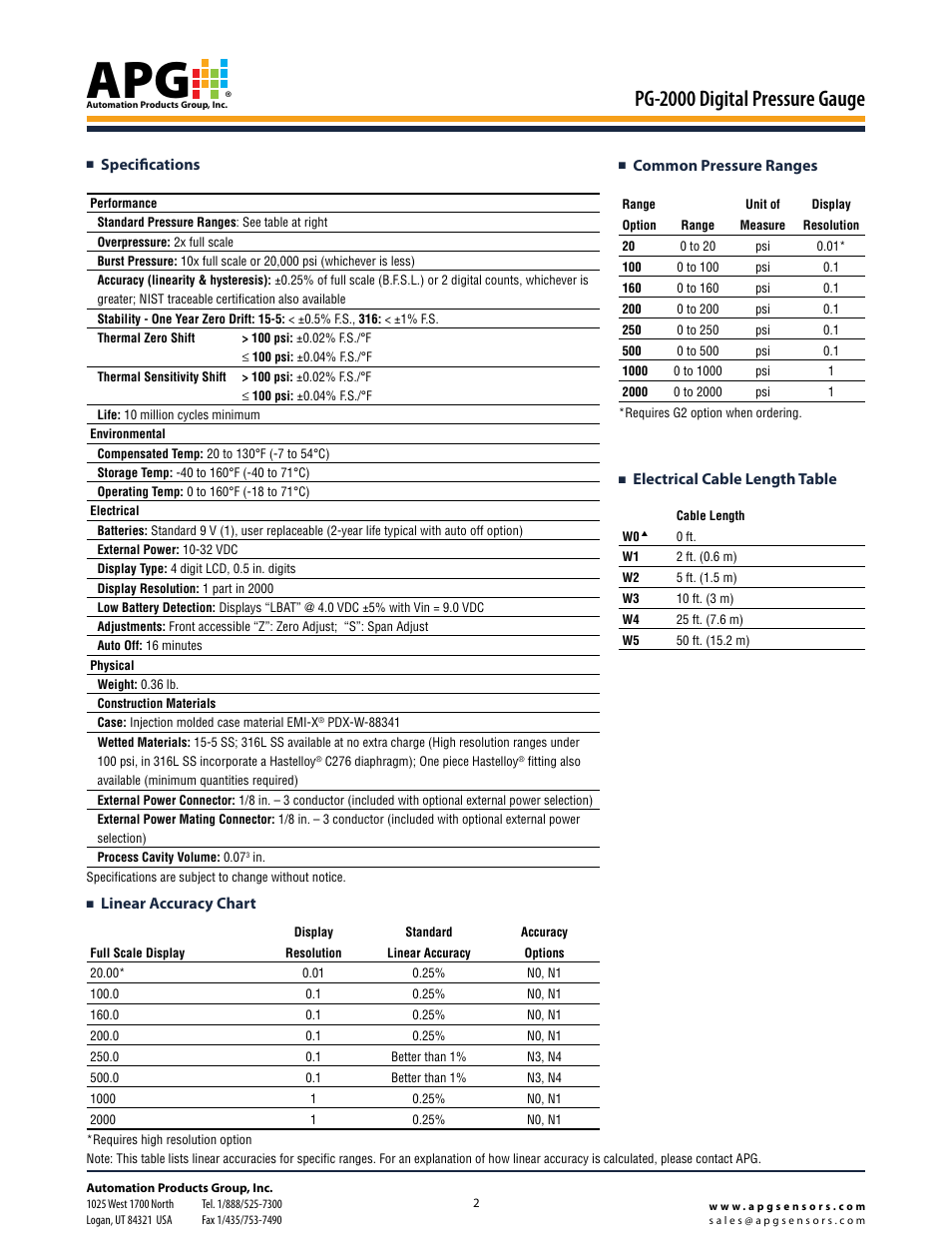 Pg-2000 digital pressure gauge, Specifications, Common pressure ranges | Linear accuracy chart, Electrical cable length table | APG PG-2000 datasheet User Manual | Page 2 / 3