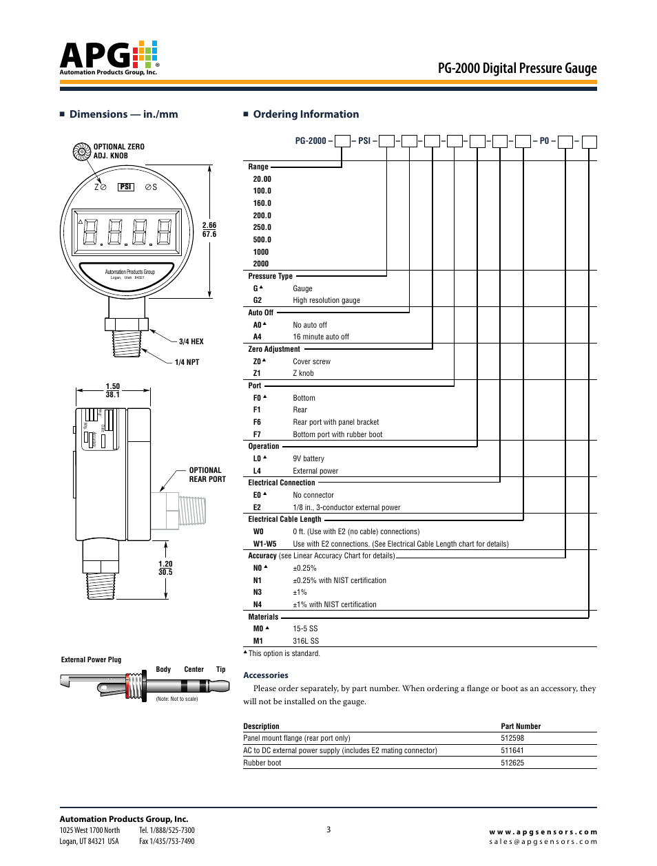 Pg-2000 digital pressure gauge, Ordering information, Dimensions — in./mm | APG PG-2000 datasheet User Manual | Page 3 / 3