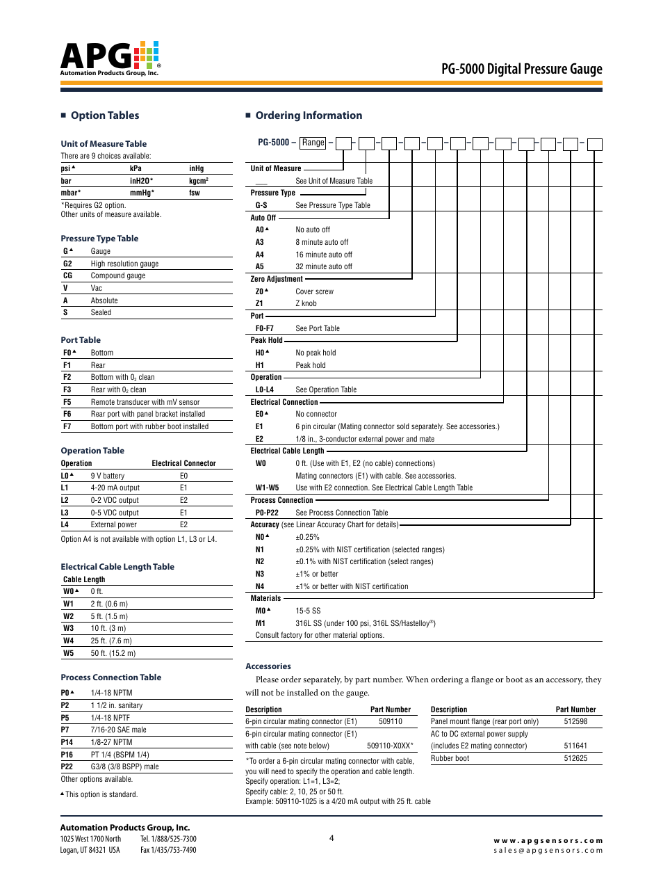 Pg-5000 digital pressure gauge, Option tables, Ordering information | APG PG-5000 datasheet User Manual | Page 4 / 4