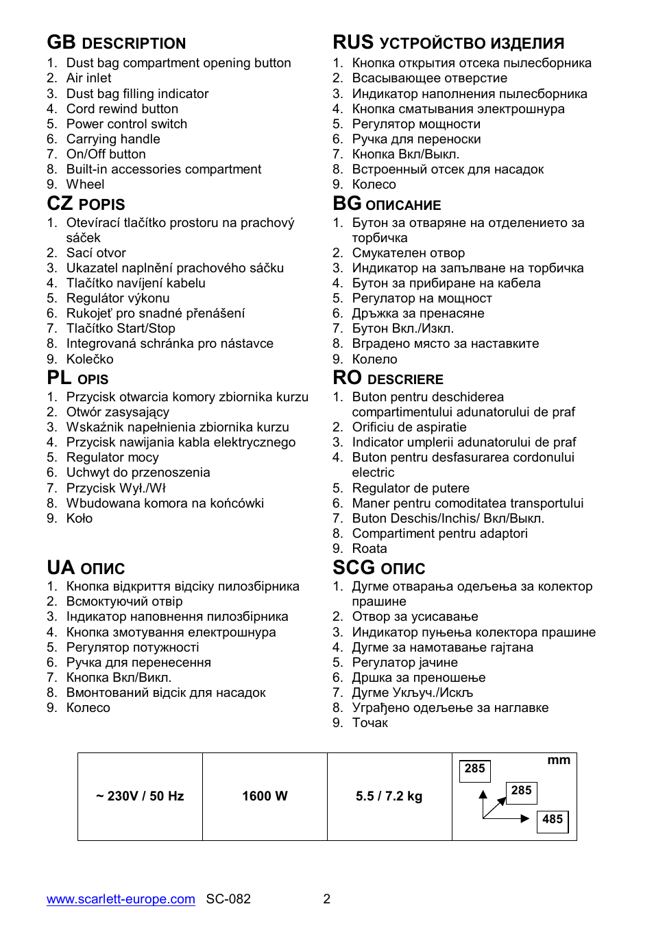 Ua scg | Scarlett SC-082 User Manual | Page 2 / 28