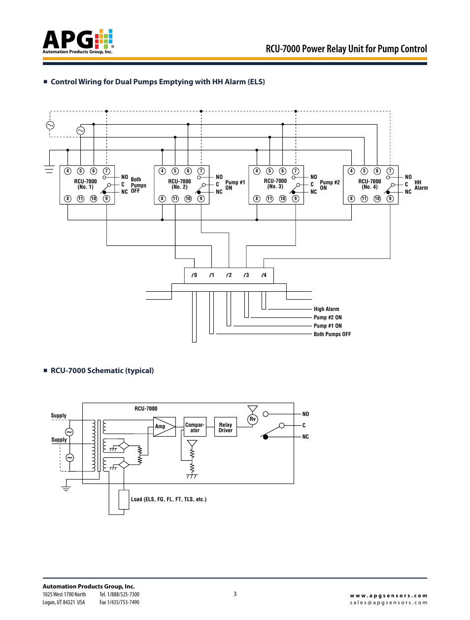 Rcu-7000 power relay unit for pump control, Re7000 wiring diagram, Rcu-7000 schematic (typical) | APG RCU-7000 datasheet User Manual | Page 3 / 4