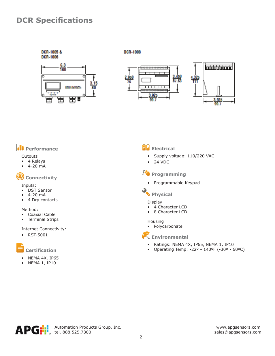 Dcr specifications | APG DCR-1006 datasheet User Manual | Page 2 / 4