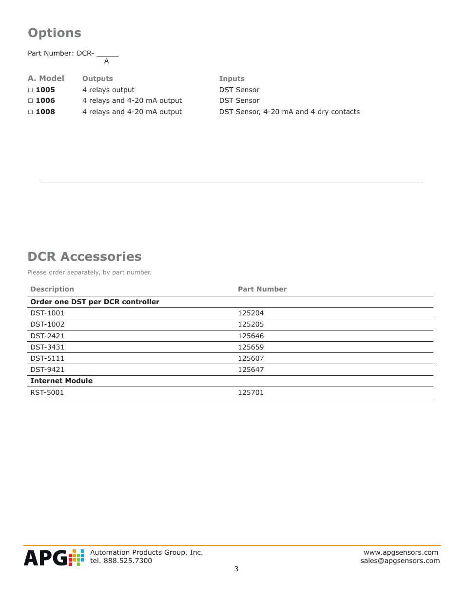 Options, Dcr accessories | APG DCR-1006 datasheet User Manual | Page 3 / 4