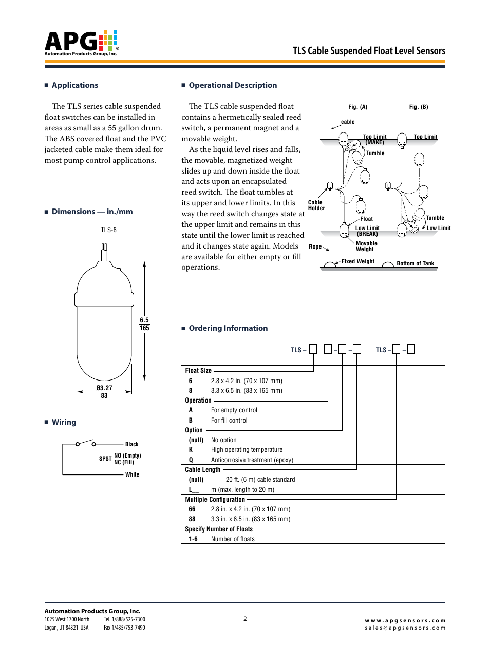 Tls cable suspended float level sensors | APG TLS Cable Suspended datasheet User Manual | Page 2 / 2