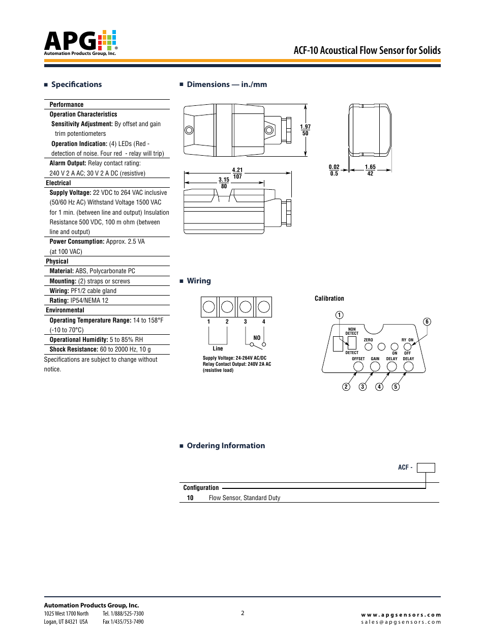 Acf-10 acoustical flow sensor for solids, Ordering information, Dimensions — in./mm | Wiring, Specifications | APG ACF-10 datasheet User Manual | Page 2 / 2