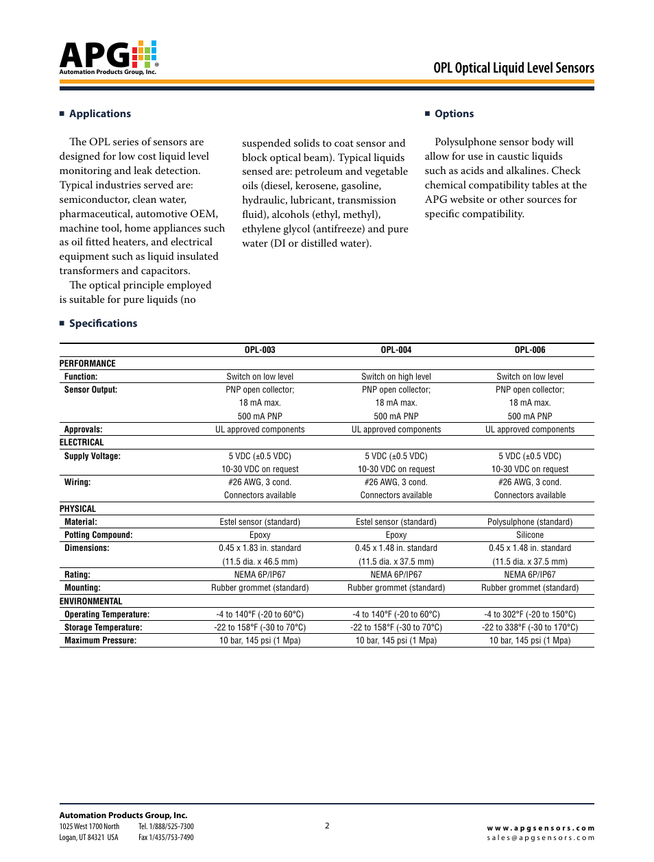 Opl optical liquid level sensors | APG OPL datasheet User Manual | Page 2 / 4