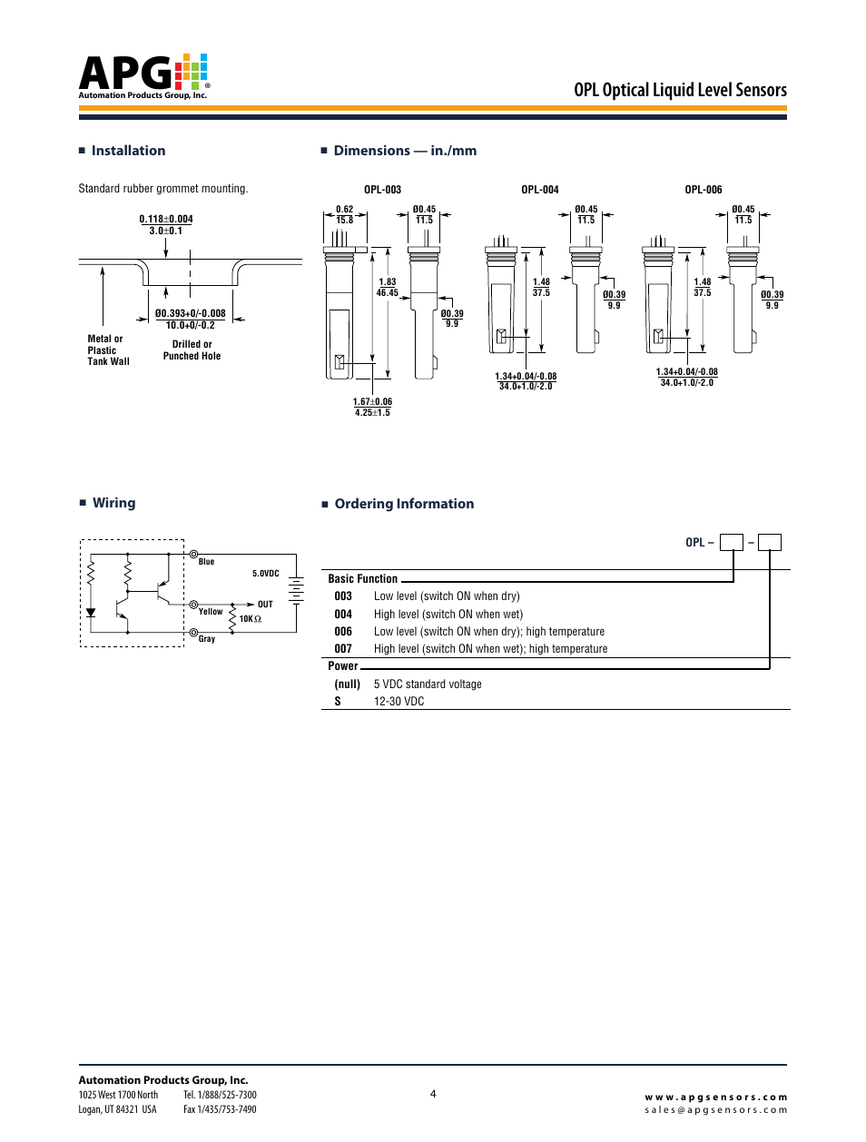 Opl optical liquid level sensors, Ordering information, Dimensions — in./mm | Wiring, Installation | APG OPL datasheet User Manual | Page 4 / 4