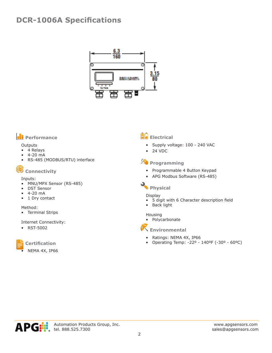 Dcr-1006a specifications | APG DCR-1006A datasheet User Manual | Page 2 / 4
