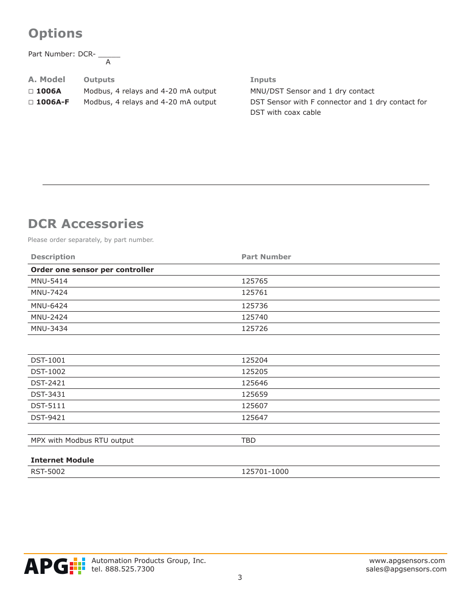 Options, Dcr accessories | APG DCR-1006A datasheet User Manual | Page 3 / 4