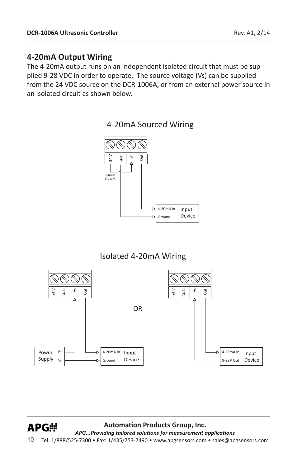 Isolated 4-20ma wiring, 20ma sourced wiring, 20ma output wiring | Automation products group, inc | APG DCR-1006A user manual User Manual | Page 10 / 40