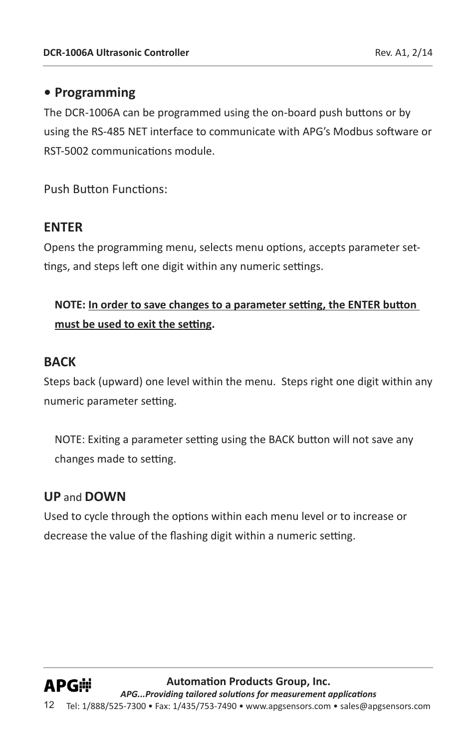 Programming, Enter, Back | Down | APG DCR-1006A user manual User Manual | Page 12 / 40