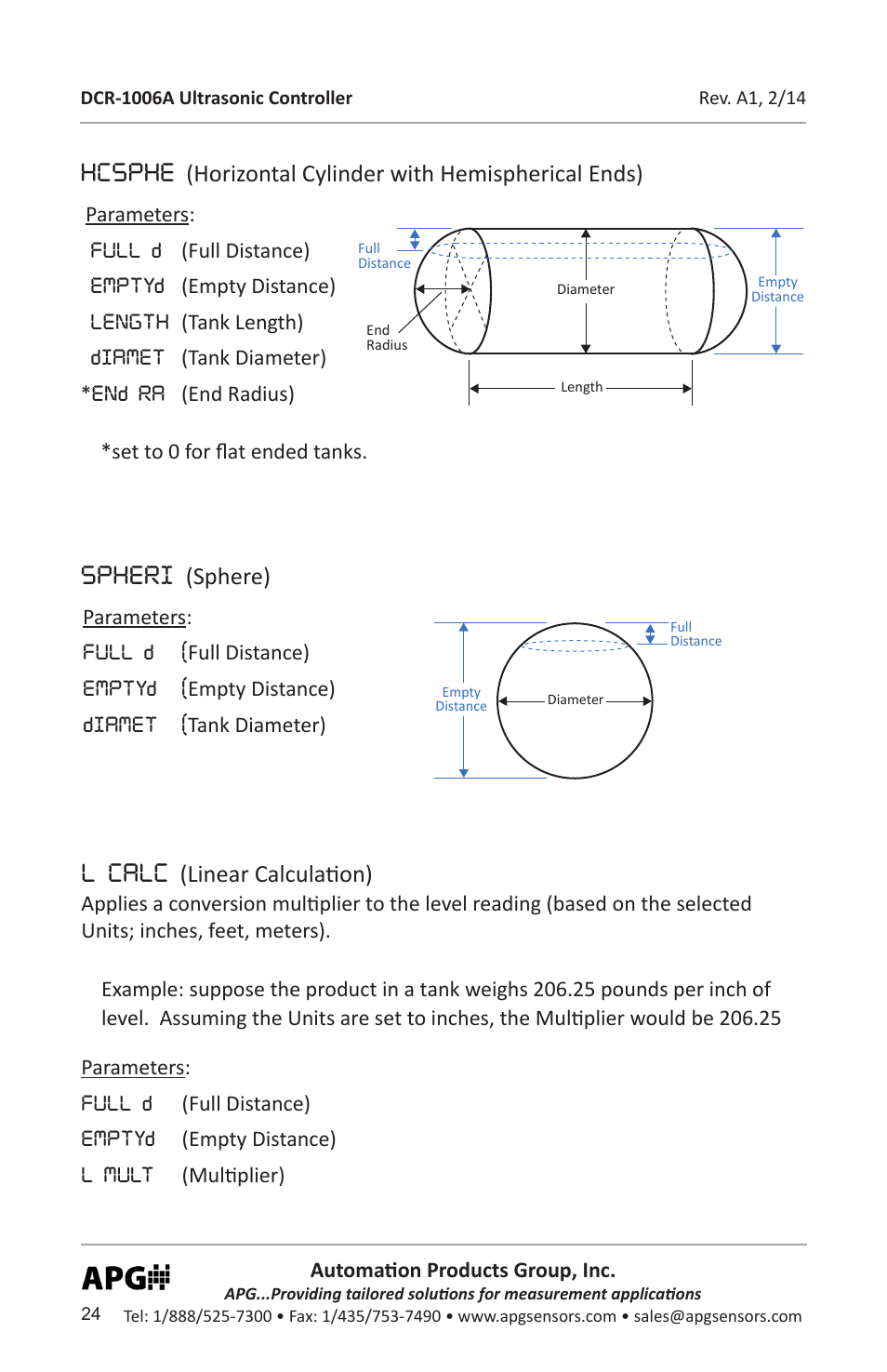 Hcsphe, Spheri, L calc | Horizontal cylinder with hemispherical ends), Sphere), Linear calculation) | APG DCR-1006A user manual User Manual | Page 24 / 40